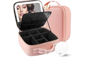 MOMIRA Travel Makeup Bag Cosmetic Bag with Lighted Mirror, Adjustable Brightness in 3 Color Scenarios, Waterproof, 10x Magnifying Mirror, Rotatable Independent Light Mirror- Pink(Solid)