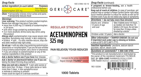 GERICARE REGULAR STRENGTH ACETAMINOPHEN PAIN RELIEF FEVER REDUCER TABLETS, STRENGTH 325MG TABLET | JOINT, MUSCLE, ARTHRITIS, BACK PAIN RELIEF 1000 COUNT (PACK OF 1)