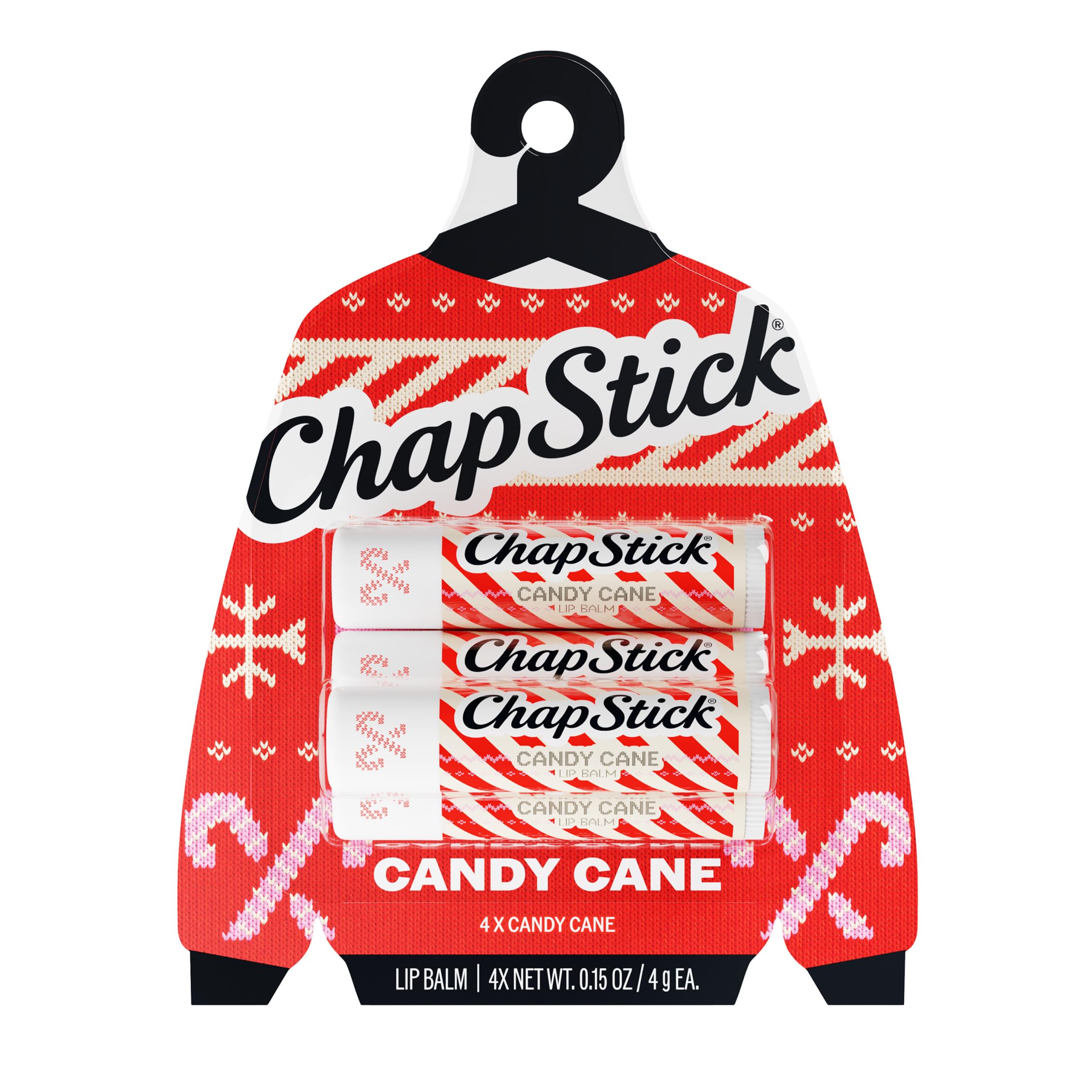 ChapStick Candy Cane Flavored Lip Balm Sticks, Holiday Gift Set, 4-Pack | 0.15 oz Each, Limited Edition Seasonal Stocking Stu