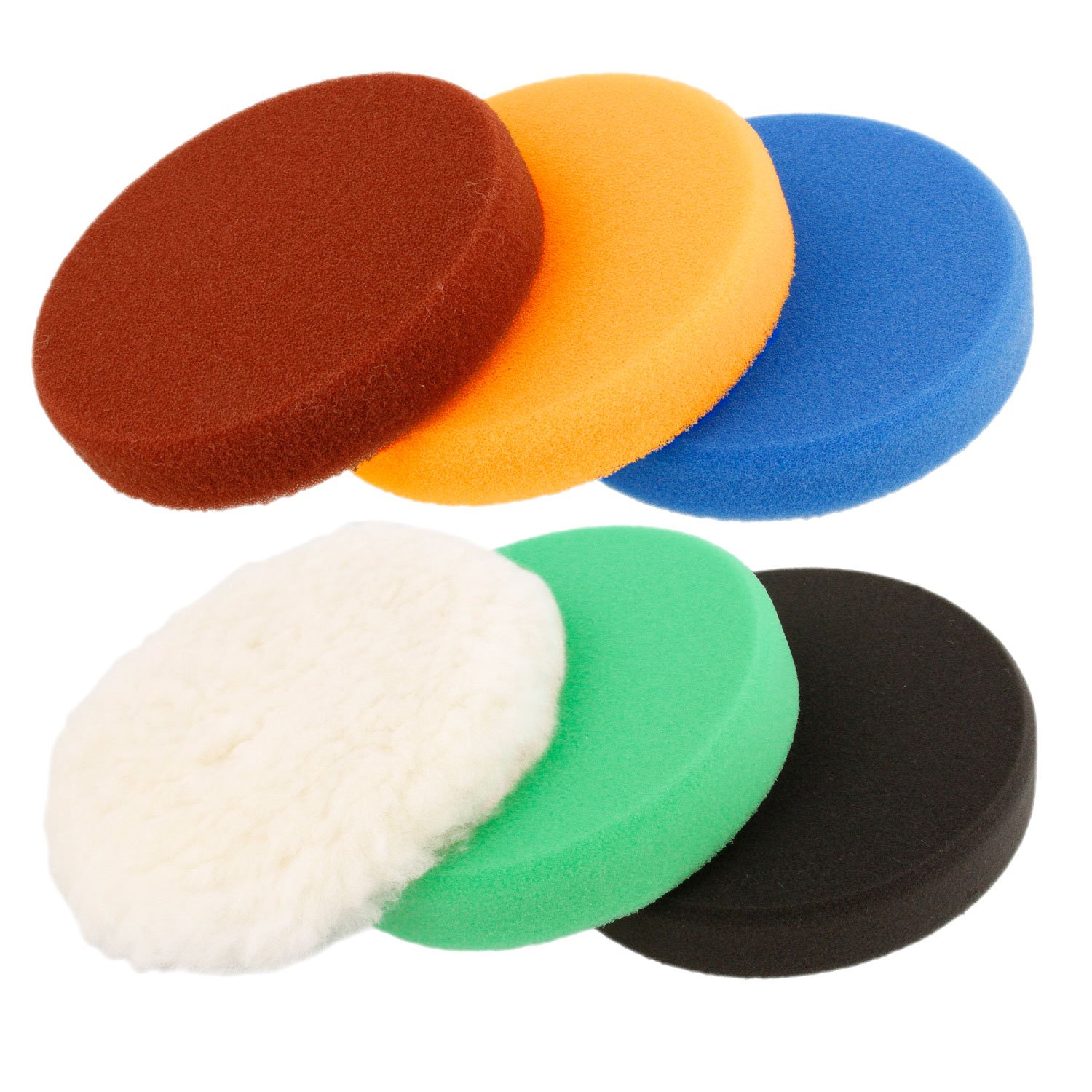 TCP Global 6.5 Inch Buffing Pads Set - 5 Smooth Flat Foam Buffer Pads & 1 Wool Pad for Orbital Buffers, DA Polish Pad for Paint Correction, Polishing Kit for Auto & Boat Gelcoat Detailing
