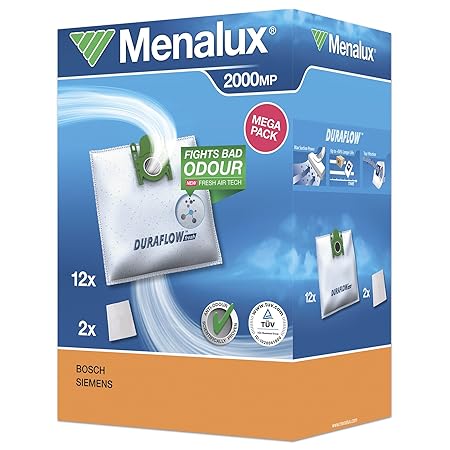 Original Markenware Menalux 2000 Megapack, Duraflow fresh mit Anti-Odour , 12 Staubsaugerbeutel, Passend u.a. fürr Siemens VS