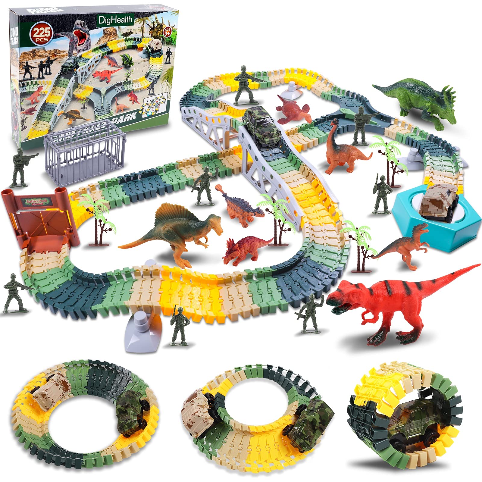 DigHealth 225 PCS Dinosaur Race Track Car Toy Set, Flexible Race Track Playset with Dinosaurs, Soldiers, Race Cars, Cage, Double-door, Tree, Slopes, Birthday Gift for Kids 3-8 Years Old