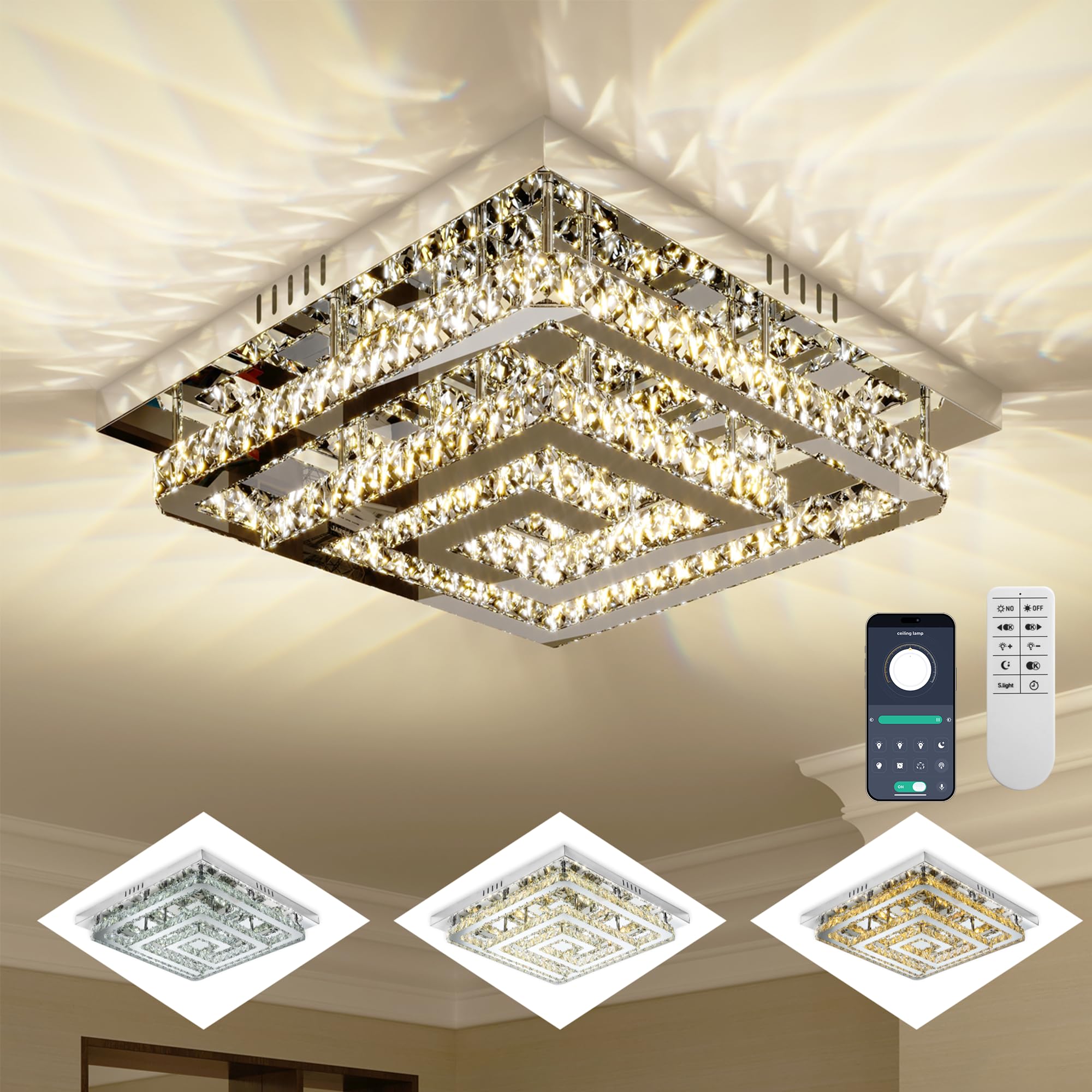 Photo 1 of 34" Large Crystal Chandelier with Remote/APP Control, 3 Color Temperature Light Fixture & Brightness Adjustable, Modern Flush Mount LED Ceiling Light Fixture for LivingRoom Kitchen Hallway Dining Room