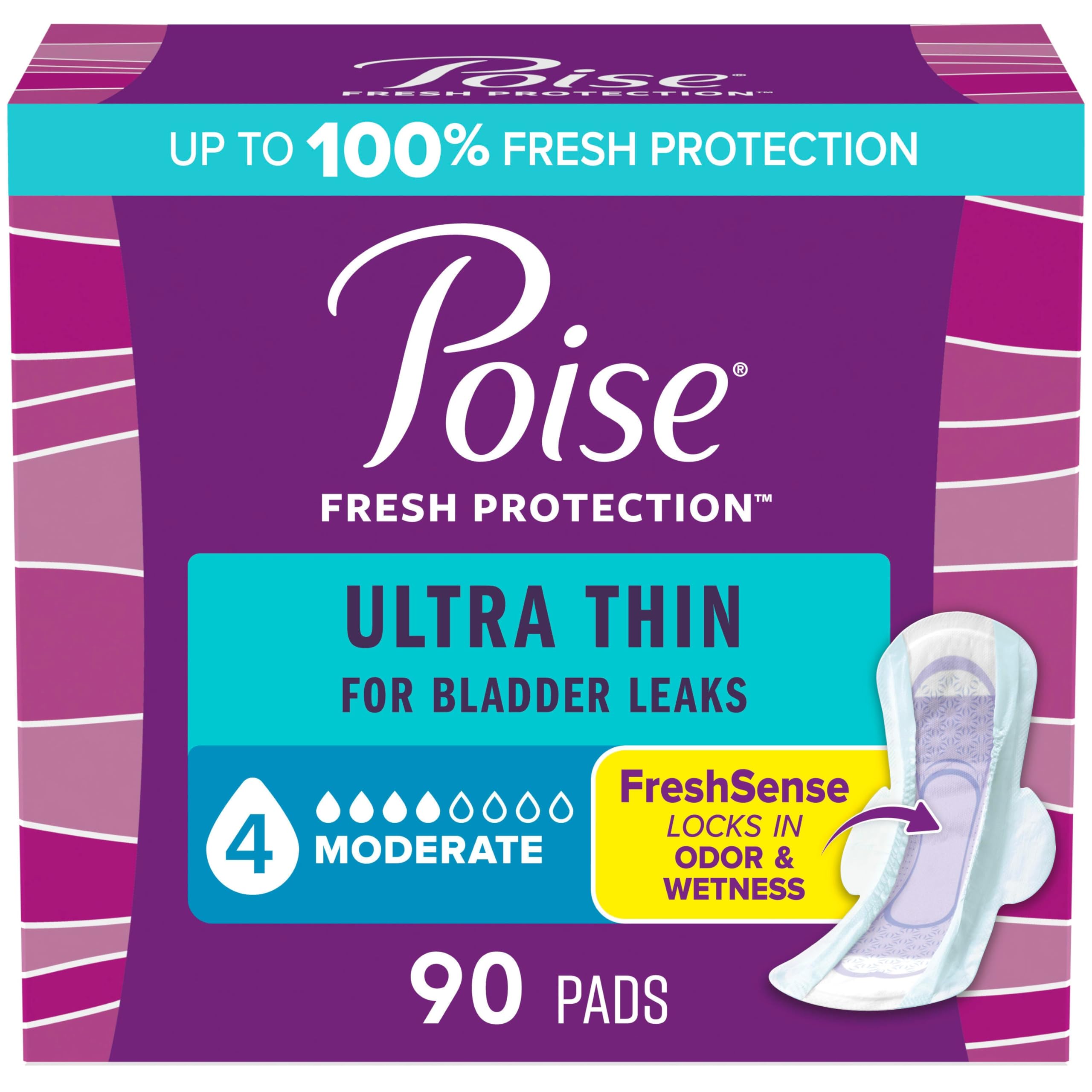 Poise Ultra Thin Incontinence & Postpartum Pads with Wings for Bladder Leaks, 4 Drop Moderate Absorbency, Regular Length, 90 Count, Packaging May Vary