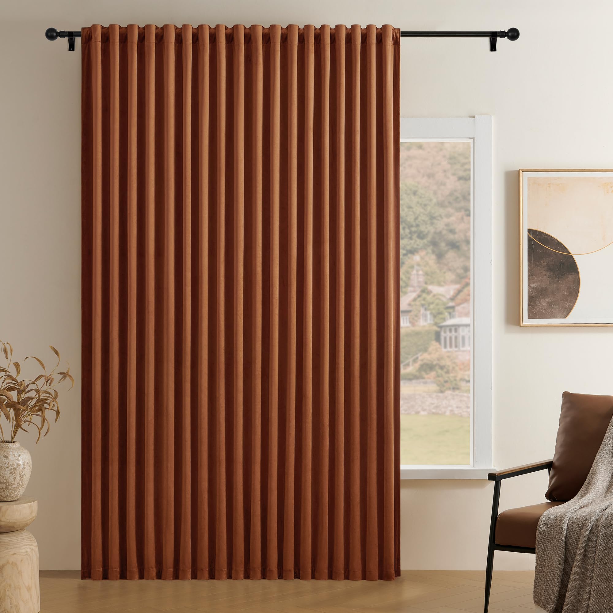 Photo 1 of Timeper Burnt Orange Pleat Back Tab Velvet Curtains W104 x L96 inches 1 Panel, Room Darkening Solid Home Decor Curtains for Bedroom Living Dining Room Thermal Insulated Luxury Super Soft Window Drapes