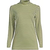 Lands' End Women Long Sleeve Relaxed Cotton Mock Olive Drab/iced Lime Stripe Tall Small