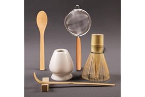 COANTO Matcha Whisk Set - Includes Sifter Bamboo Whisk (Chasen), Tea Spoon, Spoon Holder, Scoop and Whisk Holder, 6pcs (No Bowl Included)
