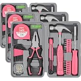 Hi-Spec Tool Set 25pc Pink Household DIY Tool Kit for Women. Small Mini Tool Box Set of Starter Basic Ladies Tools (Pack of 3)