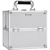 FRENESSA Makeup Train Case Makeup Organizer Box Portable Cosmetic Travel Case with Lock 4 Trays Aluminum Hard Vanity Box Make Up Artist Nail Beauty Storage Organizer Cosmetic Suitcase Bright Silver