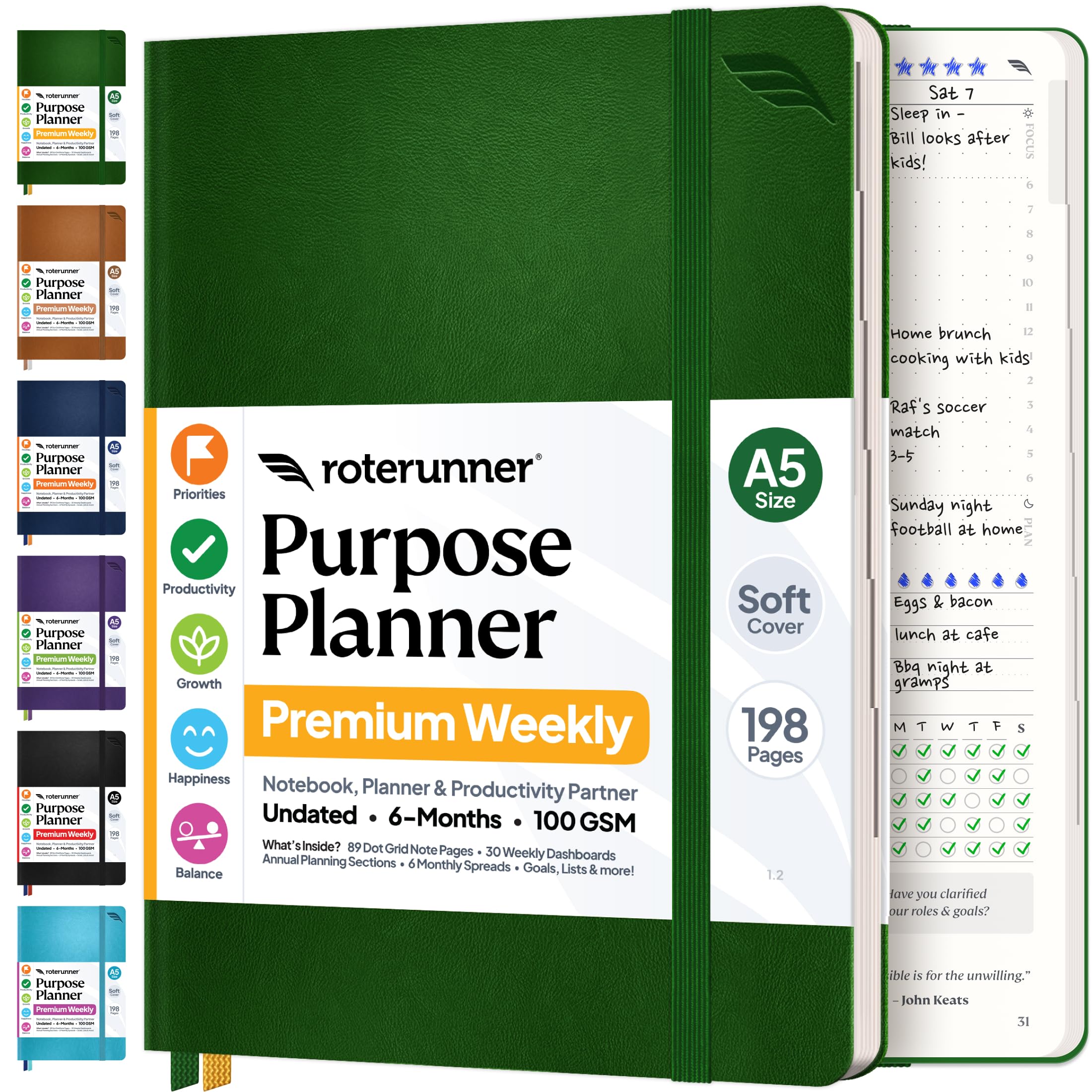 Purpose Planner A5 Undated Monthly Weekly Daily Productivity Journal 2024 Life Health Goal Setting Business Tool for Professionals Moms Academic Student Organizer Notebook (5.8"x8.3" Green Softcover)