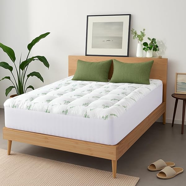 ULTRA SOFT KING SIZE MATTRESS TOPPER – VISCOSE MADE FROM BAMBOO PILLOW TOP MATTRESS PAD FOR BACK PAIN RELIEF – NATURALLY COOLING FOR HOT SLEEPERS, GREEN