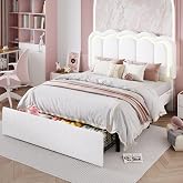 SHA CERLIN Full Size Bed Frame with LED Lights and Storage Drawer, White | Upholstered Velvet Platform Bed with Adjuatable Wavy Headboard, Noise-Free, Easy Assembly,No Box Spring Needed