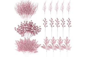 Craftsatin 75 Pcs Christmas Glitter Branches 3 Styles Artificial Christmas Picks Berries Stems Pine Needles Floral Twig Spray for Xmas Tree Ornaments DIY Wreath Garland(Pink)