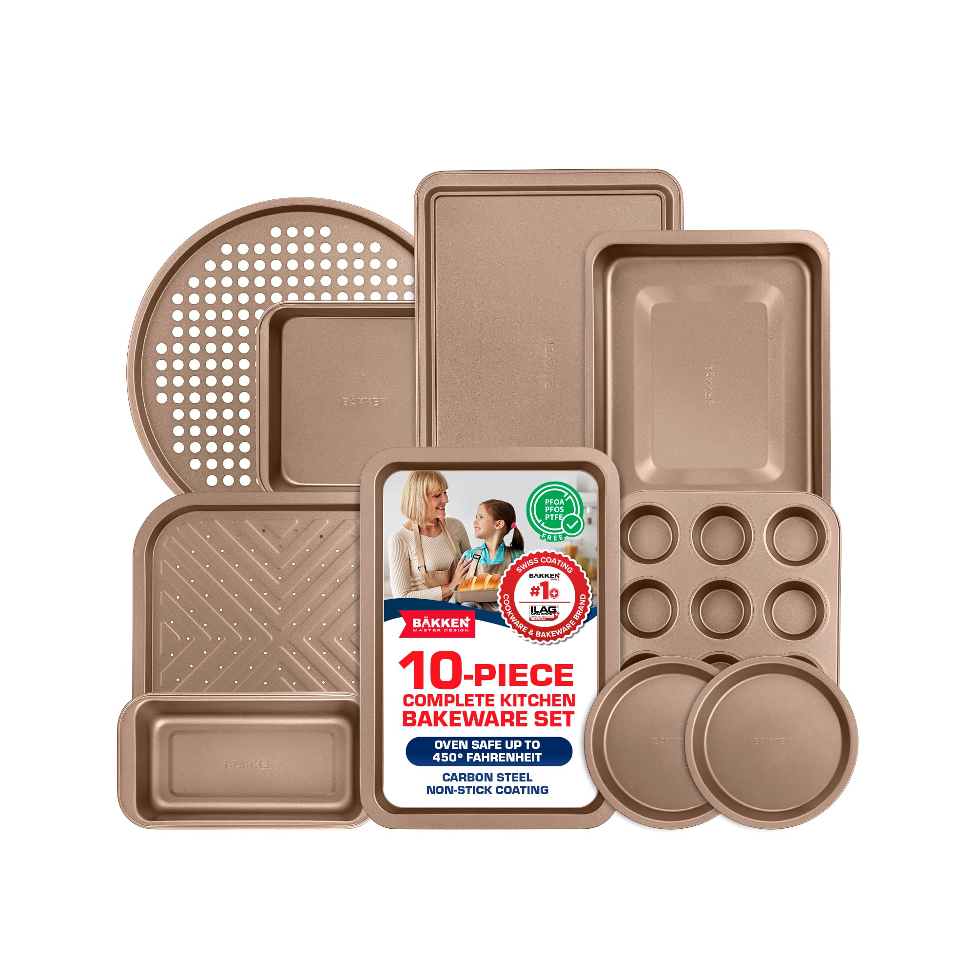 BAKKEN 10-Piece Kitchen Baking Pan Set - Commercial Grade Carbon Steel Bakeware, With Nonstick Coating, Stackable and Space-saving Design, PFOA, PFOS, PTFE Free, Oven Safe Tray (Up To 450°F), Brown Image
