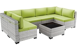 Sweecci 7-Piece Patio Furniture Set, Outdoor Sectional with Thick Cushions, Modular Patio Sofa, Dual-Strand Wicker Rattan, Rust-Resistant Frame, Backyard Furniture for Garden, Deck, Grass Green