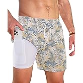 Gleeease 5inch Mens Swim Trunks with Compression Liner Pockets Drawstring Quick Dry Stretch Lined Funny Beach Swimming Surf