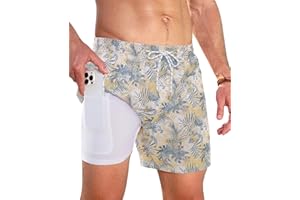 Gleeease Swim Trunks Mens 5 Inch Inseam Compression Liner Short Men Bathing Suit Lined Swimming Shorts Men's Swim Suits