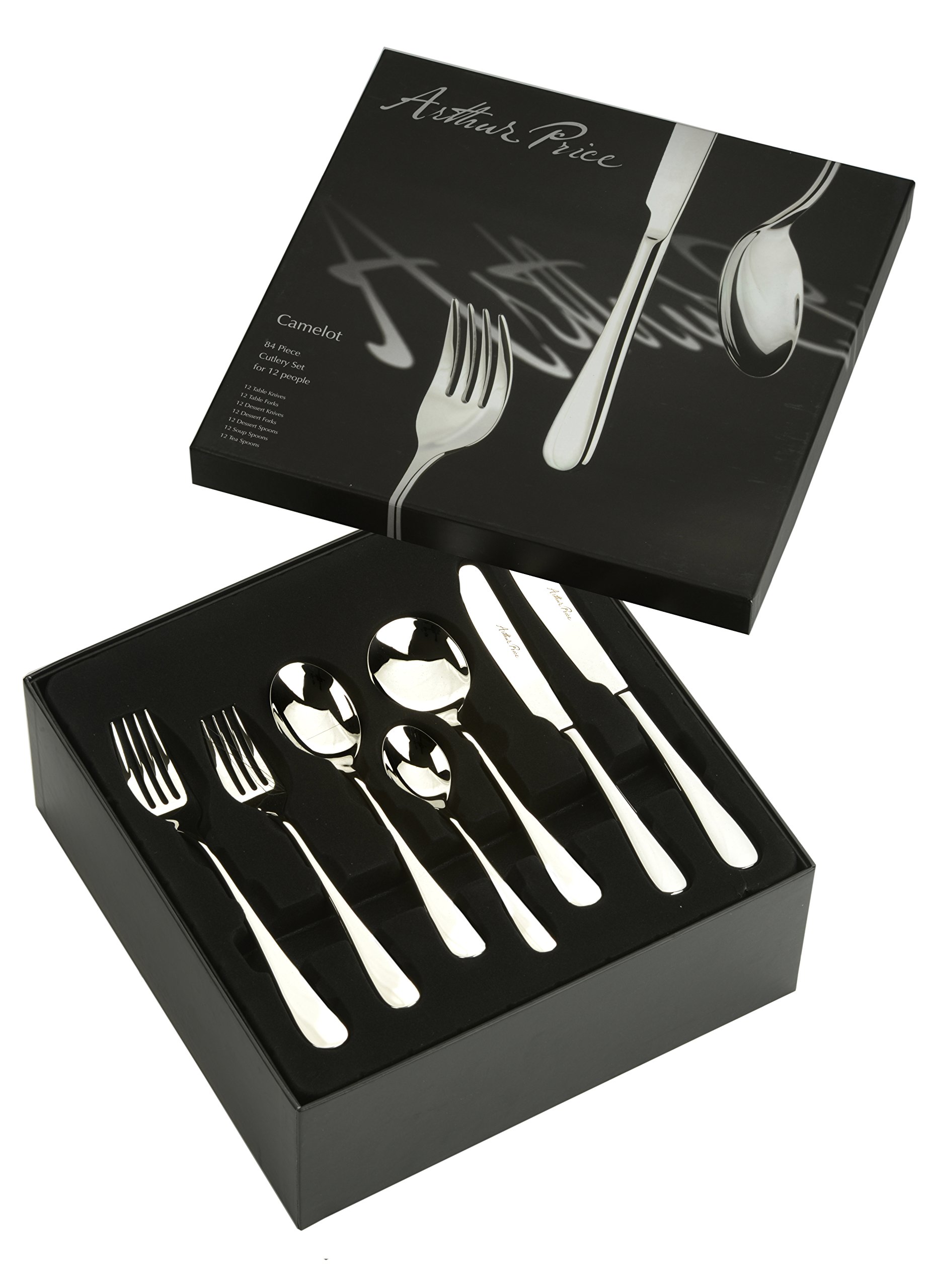 Arthur Price Camelot 84-Piece Stainless Steel 12 Person Boxed Set, Silver