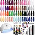 MEFA 54 Pcs Gel Nail Polish Kit with U V Light, 32 Colors Popular Soak Off Nude Pink Red Gel Polish Nail Set with Matte/Glossy Gel Top Base Coat Manicure Tools Nail Art Decorations DIY Salon Home Gift