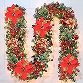 Christmas Garland,Christmas Garland with Lights Battery Operated,9 ft Rattan Artificial Flower Vine Plants Xmas Decorations for Indoor Outdoor Home Mantel Fireplace Stairs