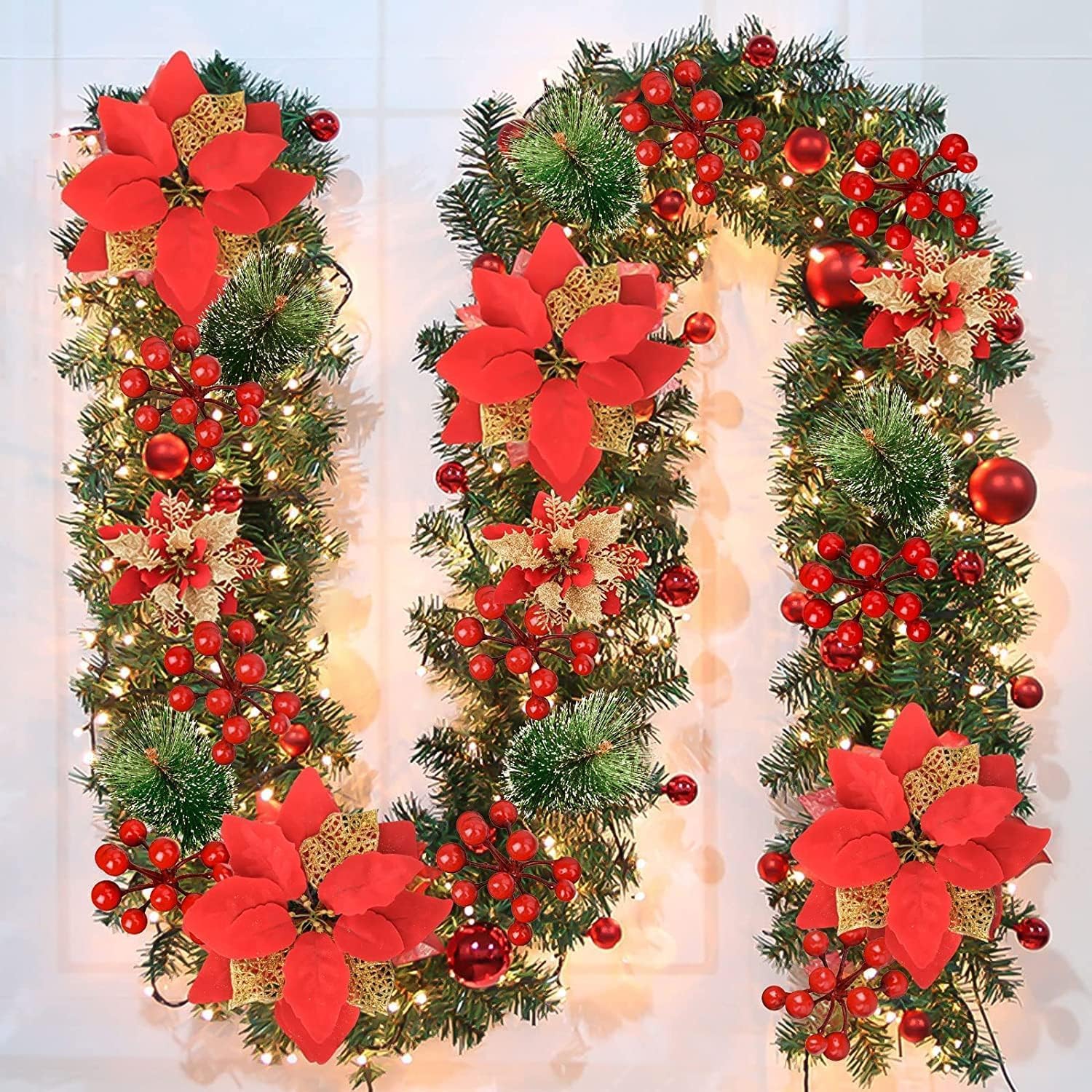 Photo 1 of Christmas Garland,Christmas Garland with Lights Battery Operated,9 ft Rattan Artificial Flower Vine Plants Xmas Decorations for Indoor Outdoor Home Mantel Fireplace Stairs