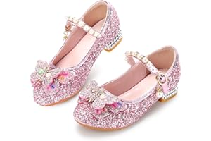 Qimaoo Girls Dress Shoes Mary Jane Princess Shoes Girls' Flats Glitter Low Heels Flower Wedding Party Footwear for Toddler Little/Big Kid