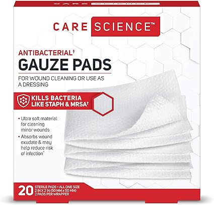 Amazon Com Care Science Antibacterial Sterile Gauze Pads 20 Ct 2 X 2 For Cleaning Or Covering Wounds As Wound Dressing Kills Staph Mrsa Helps Prevent Infection Health Personal Care