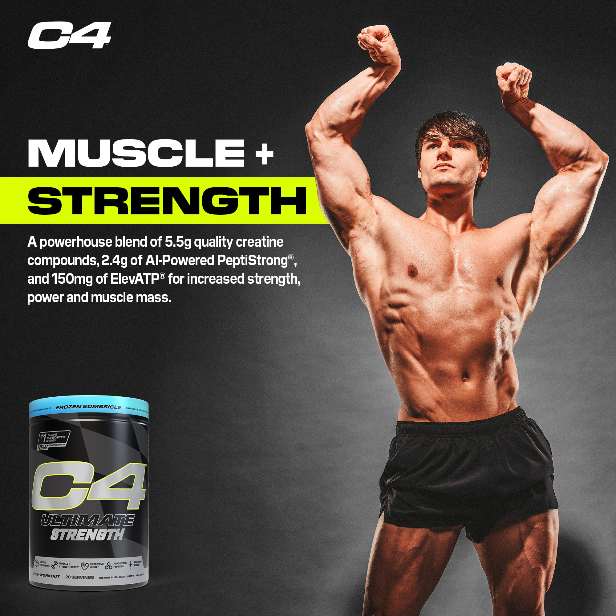 Cellucor C4 Ultimate Strength Pre Workout Powder - Tri-Stim Experience 300mg Caffeine+TeaCrine+Dynamine - Creatine & Beta-Alanine - Energy Supplement for Men & Women - Frozen Bombiscle, 20 Servings