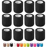12 Pack Self Adhesive Bandage Wrap, 2 in x 5 Yards Non-Woven Self Adherent Cohesive Bandage, Vet Wrap Wound Tape for Thumb Finger Wrist Knee Ankle, Black