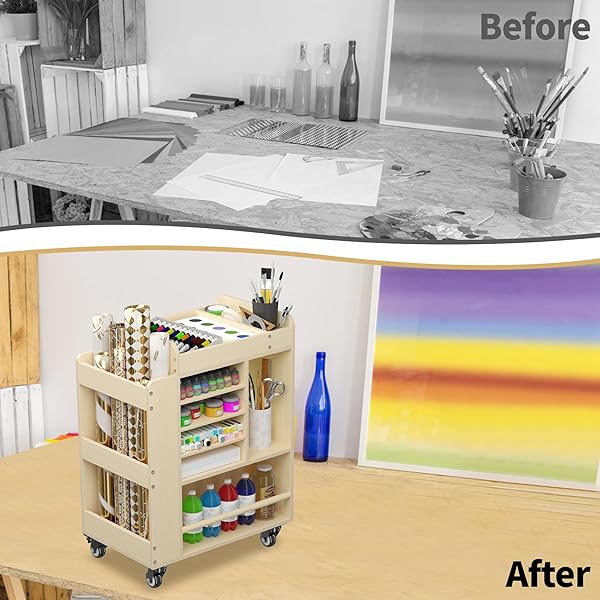 ART CART ROLLING WOOD, ARTS AND CRAFTS SUPPLY ORGANIZER, MULTI-FUNCTIONAL STORAGE CABINET CRAFTS, DIY UTILITY CART WITH PAPER STORAGE SHELF, ART SUPPLY HOLDER FOR CLASSROOM, OFFICE, BEDROOM