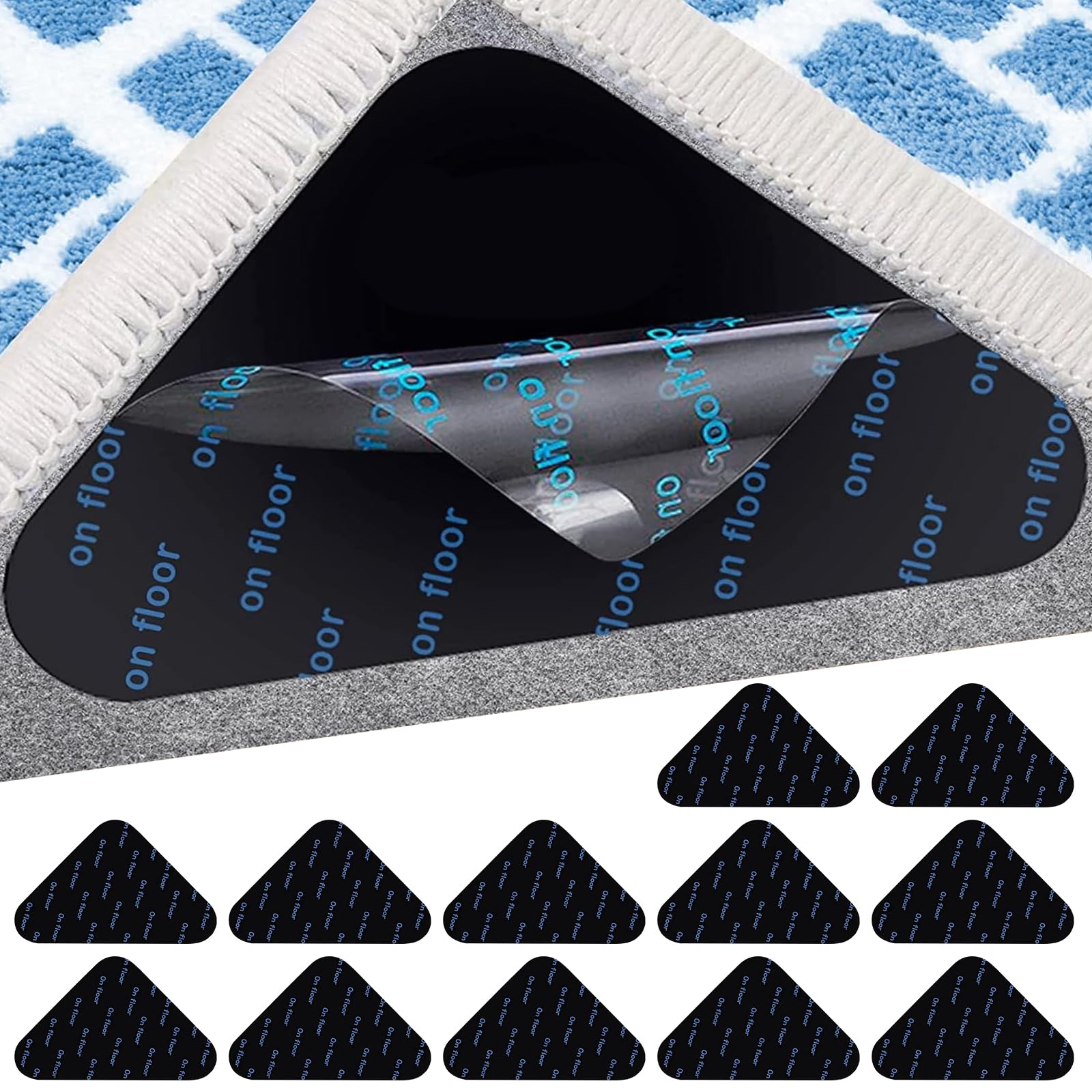 wimony 12 Pieces Rug Grippers，Anti Slip Rug Grips，Rug Stickers for Wooden and Hard Floors，Reusable Rug Anti Slip Pads(Black Tree Triangle 100 * 100mm) (Rounded Triangle)