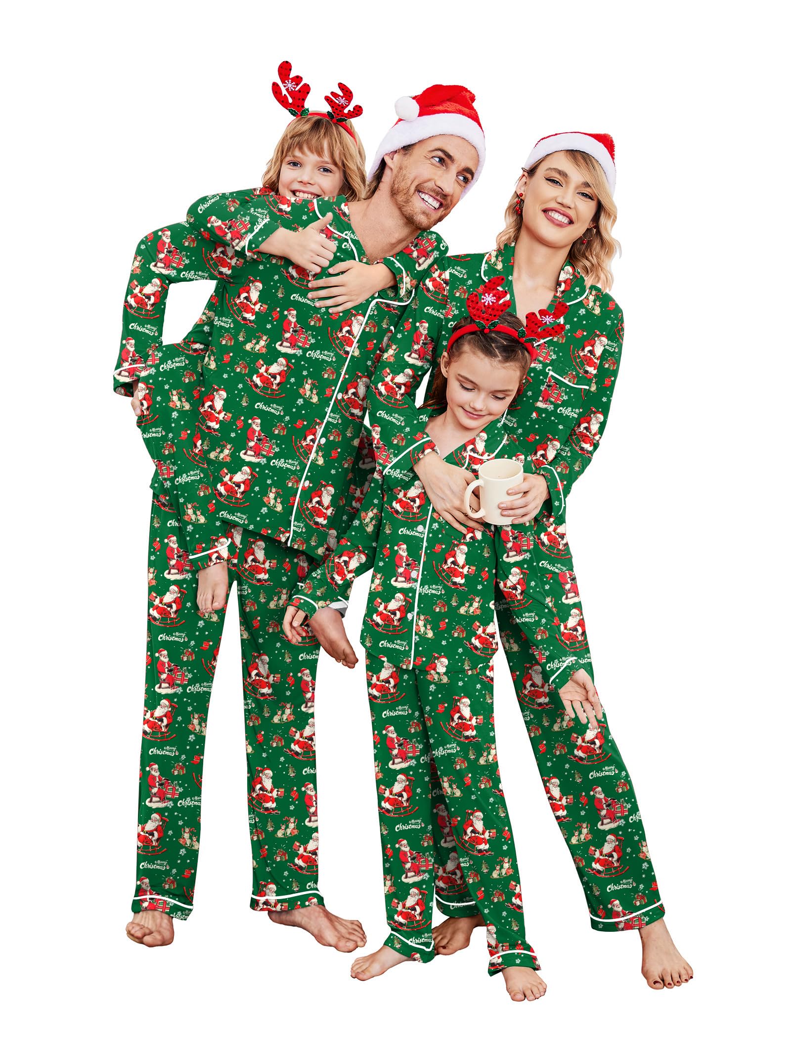 Ekouaer Christmas Family Matching Pajamas Long Sleeve Button Down Pj Set Festival Party Sleepwear Green Santa Claus 10-11 Years Kids Image