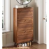 Fsbecl Shoe Storage Cabinet for Entryway with 3 Flip Drawers, Narrow Shoe Organizer with Fluted Panel, Freestanding Wood Hidden Shoe Cabinet for Hallway (Walnut, 23.6''W, Double Layer)