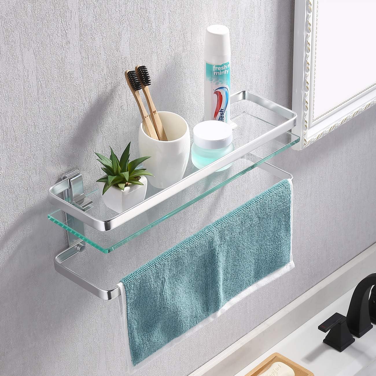 KES Bathroom Glass Shelf with Anodized Aluminum Towel Bar and Rail Extra 8 MM-Thick Tempered Glass Rustproof Retangular Storage Organizer Wall Mount Silver, A4127A: Home & Kitchen