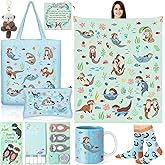 Potchen 8 Pcs Otters Gifts Set Including Blanket Socks Coffee Mug Tote Bag Cosmetic Bag Sticky Notes Set Plush Keychain Bracelet Valentines Sea Animal Birthday Gifts for Otter Lovers Men Women