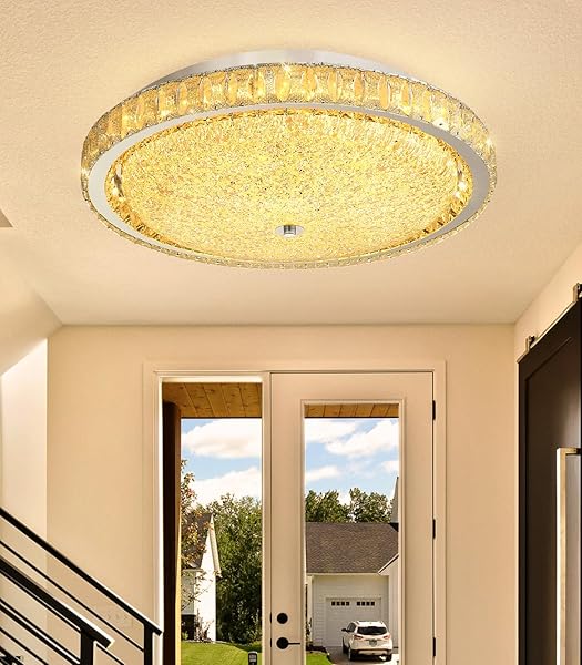 AFQEJG 19.6″ MODERN CRYSTAL CHANDELIER DIMMABLE LED FLUSH MOUNT CEILING LIGHT WITH REMOTE CONTROL FOR LIVING ROOM DINING ROOM BEDROOM HALLWAY FOYER SILVER
