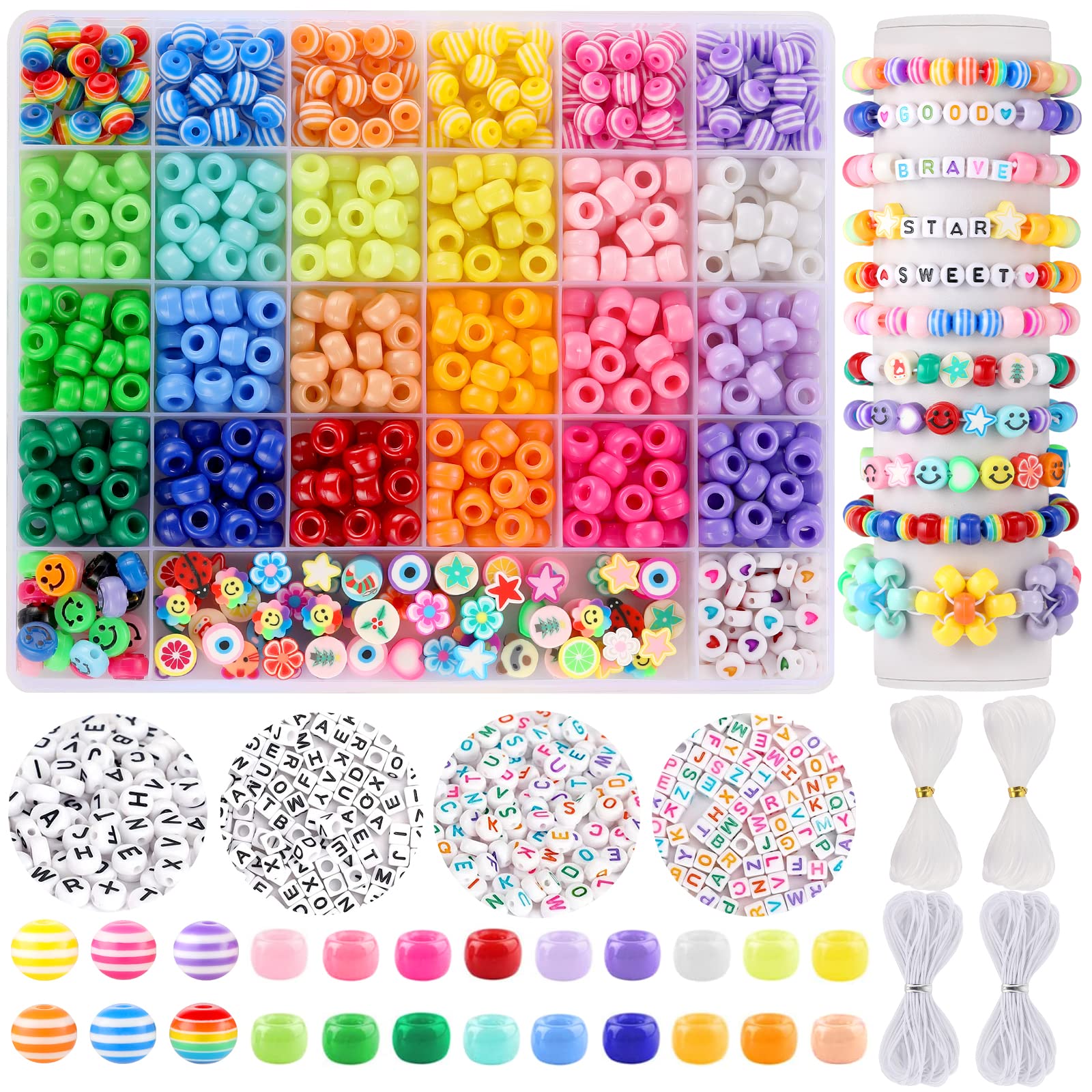 Funtopia Pony Beads for Bracelets Making, Kandi Beads Polymer Clay Smile Face Letter Bead for Jewelry Making, Colorful Plastic Bead DIY Craft for Kids Girls (1170+ Pcs, 9mm)