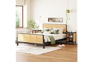 Linique 3 Pieces Rattan Platform Bed Full Size Set with 2 Nightstands,Boho Bed Frame Full with Rattan Headboard and Footboard,No Box Spring Needed,Espresso