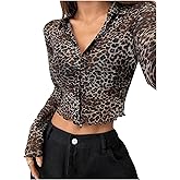 SweatyRocks Women's Leopard Print Mesh Top Long Sleeve Sheer Button Down See Through Shirt Party Clubwear