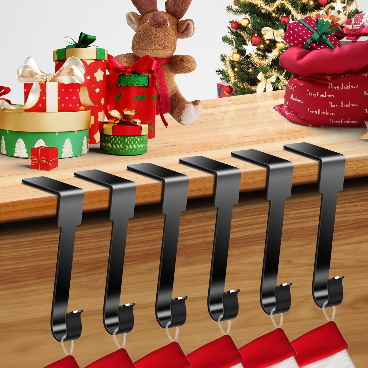 Ornament Hooks - EVELOMO Christmas Stockings Holder for 6 Pack, Non-Slip Christmas Fireplace Hanger Hooks,Stocking Holders for Mantle for Christmas Decorations (Black)