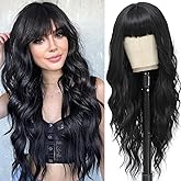 MINSEEYOO Black Wig with Bangs for Women Long Black Wavy Wigs 26 Inch Natural Black Wigs Natural Looking Heat Resistant Synthetic Wig for Daily Party Use