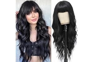 MINSEEYOO Black Wig with Bangs for Women Long Black Wavy Wigs 26 Inch Natural Black Wigs Natural Looking Heat Resistant Synthetic Wig for Daily Party Use
