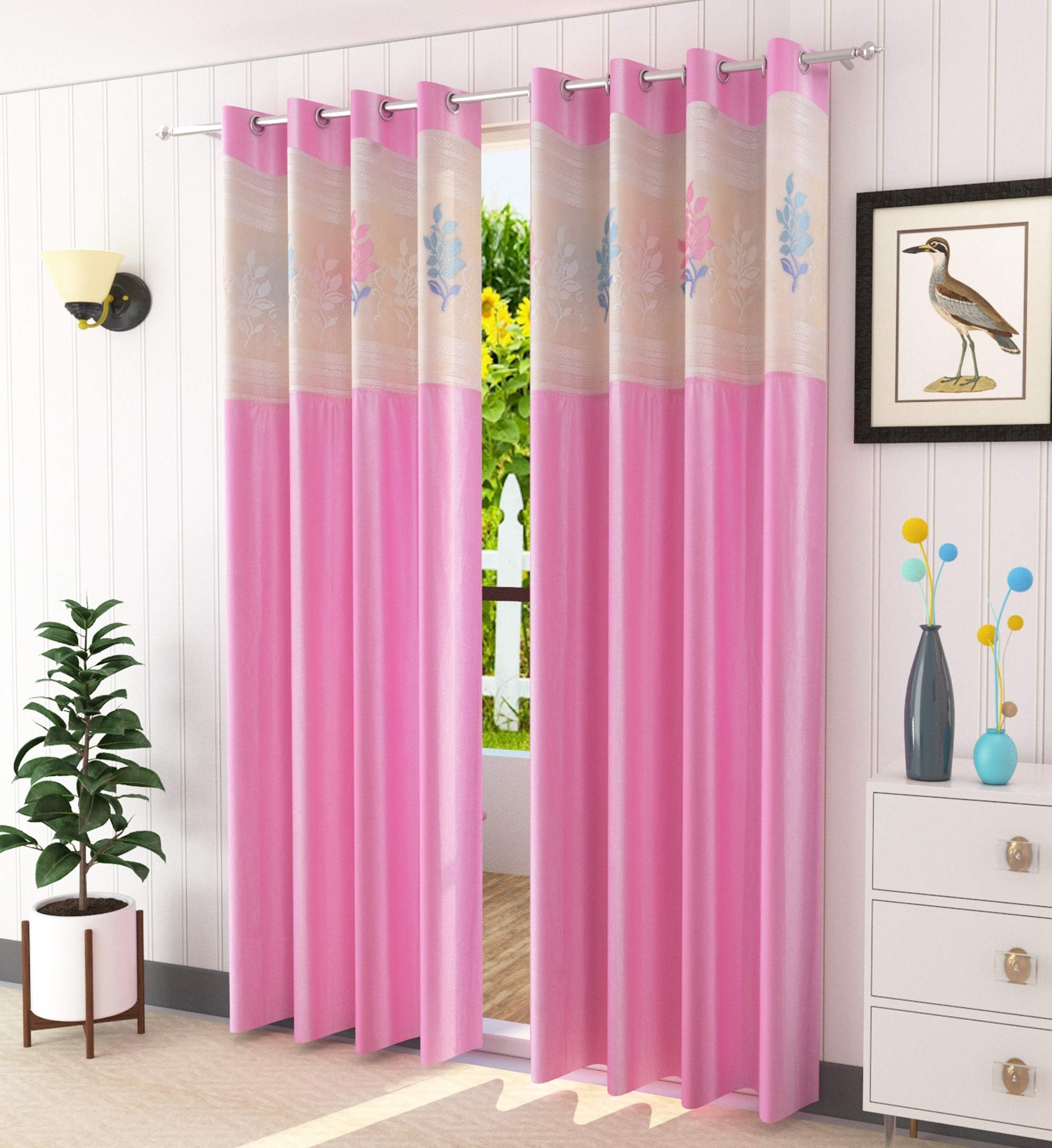 LaVichitra 2 Piece Premium Window Curtain with Floral Net - 6ft, Pink