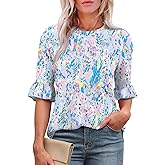 Rapbin Womens 3/4 Length Sleeve Tops Loose Fit Casual Crew Neck Shirts Ruffle Tunic Blouses