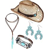 Juinte 4 Pcs Boho Jewelry Set Straw Cowboy Hat with Vintage Synthetic Turquoise Necklace, Bracelets, Pendant Earrings for Women