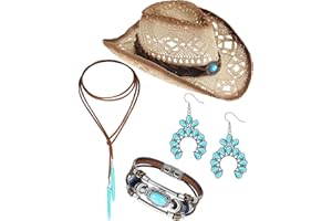 Juinte 4 Pcs Boho Jewelry Set Straw Cowboy Hat with Vintage Synthetic Turquoise Necklace, Bracelets, Pendant Earrings for Women