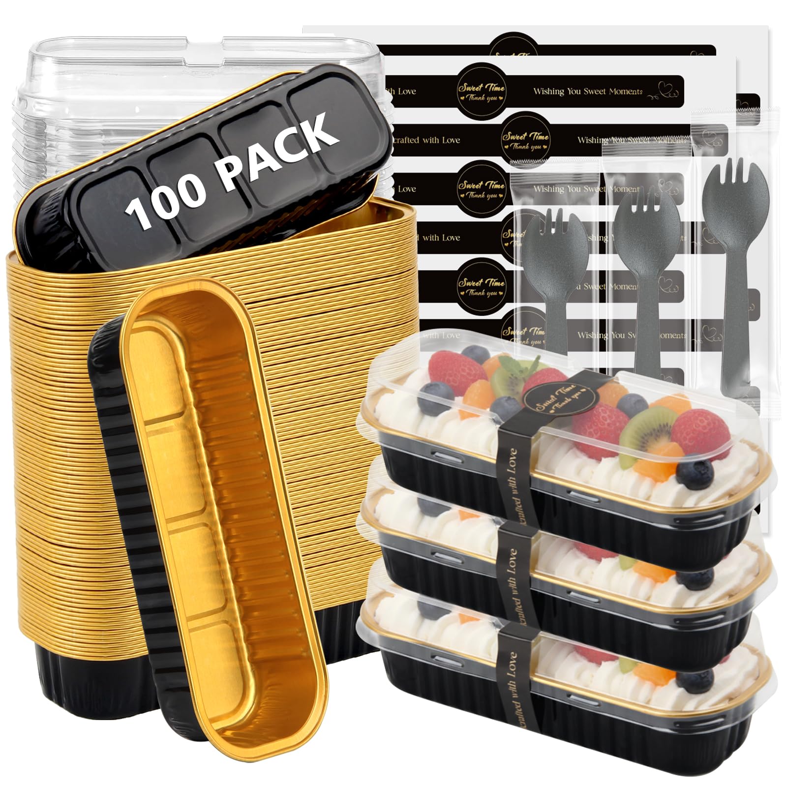 Photo 1 of Ruckae 100 Pack Mini Loaf Pan Mini Loaf Baking Pans with Lids and Spoons,Disposable Aluminum Foil Pans, Rectangle Tin Foil Pans with Lids for Home, Pary, Picnics (Black Gold)