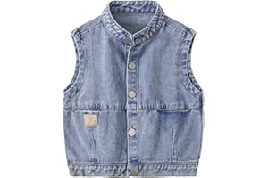 Boys Denim Vest Buttons High Neck Sleeveless Jeans Jacket Vest Kids Retro Fall Lightweight Casual Denim Jacket Coats