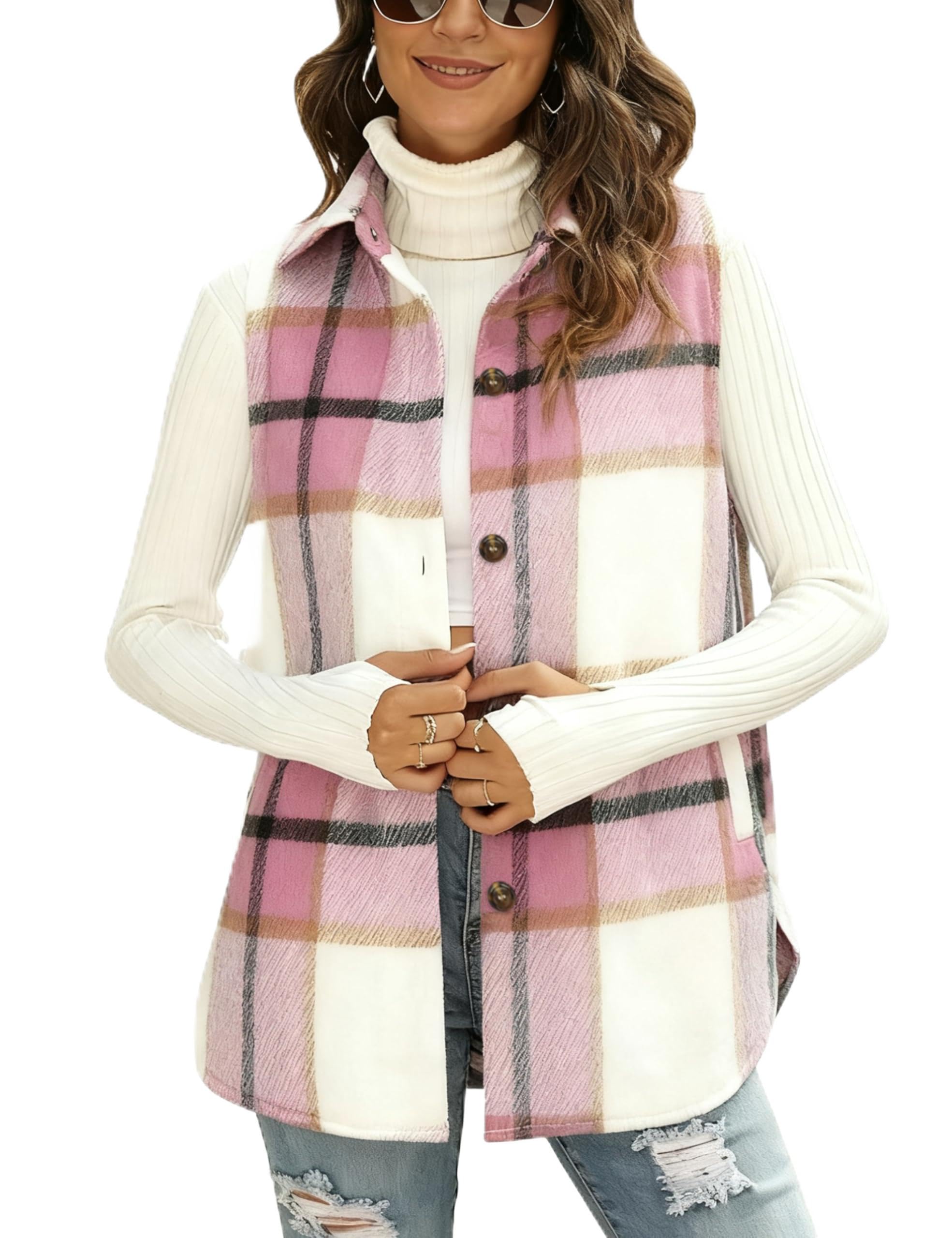 UANEO Womens Fall Flannel Plaid Vest Button Down Sleeveless Shirt Jacket With Pockets (Pink-M) Image