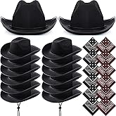 Coume 24 Pcs Adult Cowboy Hat with Paisley Bandana Western Cowgirl Hat with Wind Lanyard Paisley Pattern Bandanas (Black, Brown)